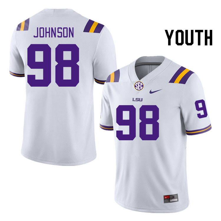 Youth #98 De'Myrion Johnson LSU Tigers College Football Jerseys Stitched-White